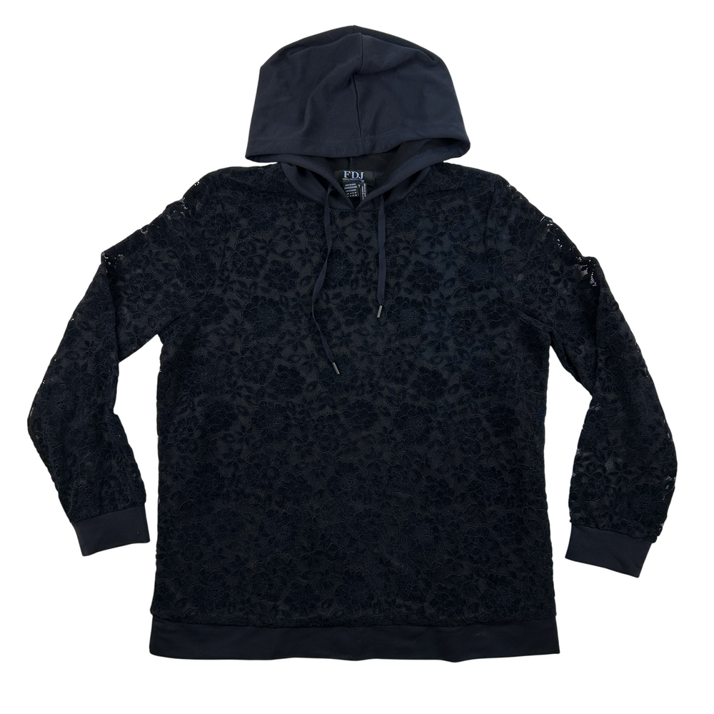 FDJ French Dressing Hoodie Womens Medium Black Lace Pullover Long Sleeve